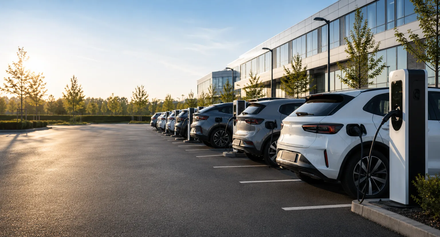 Carregador elétrico junto a painéis solares e turbinas eólicas ao pôr do sol