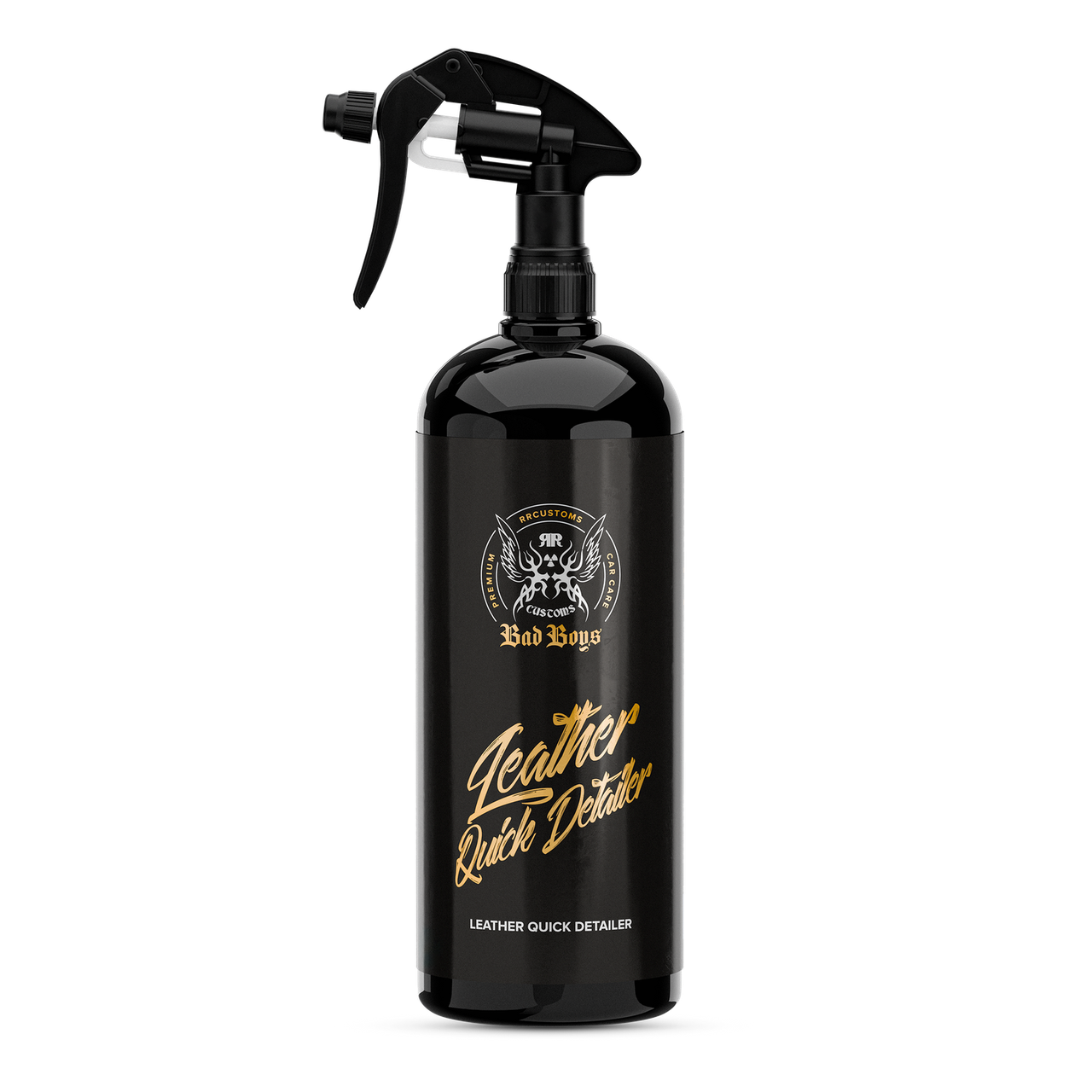 Leather Quick Detailer 1L – Frasco spray preto com logótipo e rótulo dourado para tratamento de pele, vista frontal | Cuidado do Couro | miio Store
