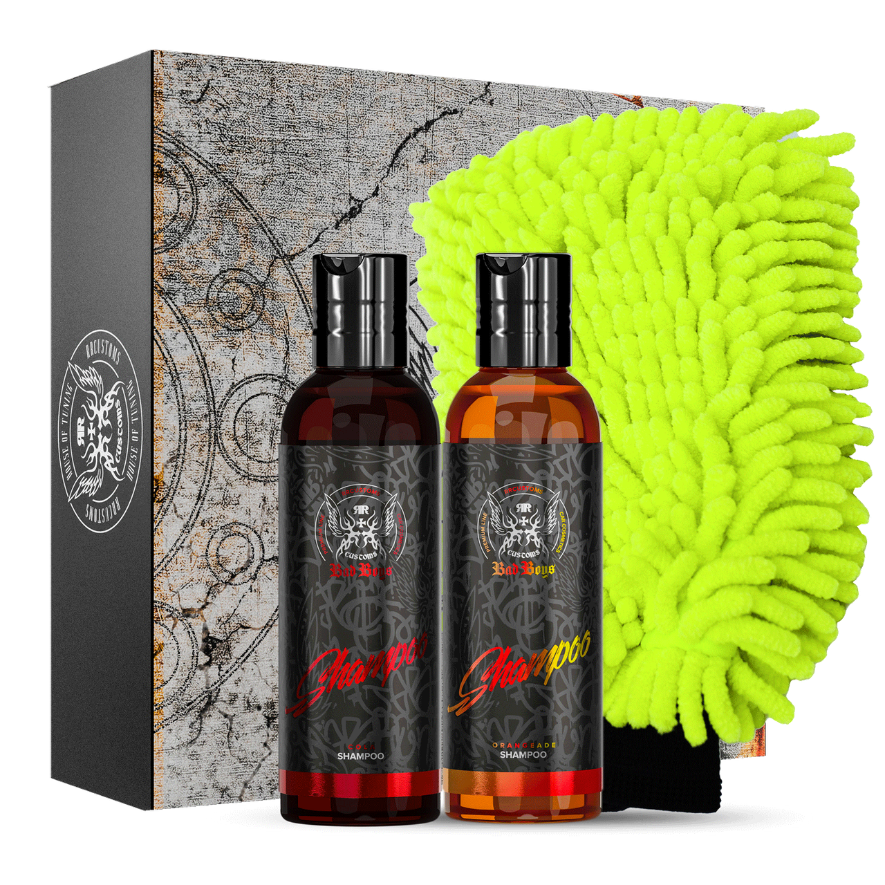 Caixa de oferta miio MINI Shampoo Set com dois frascos de champô em vidro escuro e luva de lavagem chenille amarelo-esverdeado neon