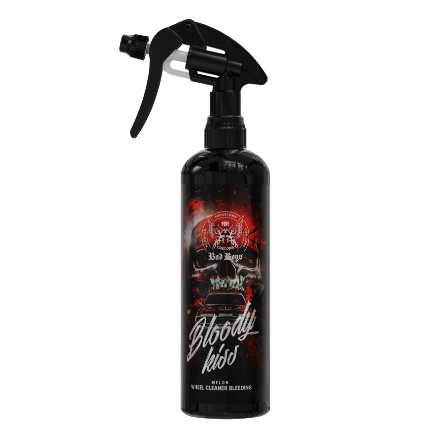 Wheel Cleaner Bleeding – Black spray bottle with dark gothic red label, iron-reactive formula turns red on brake dust | Car Detailing | miio Store