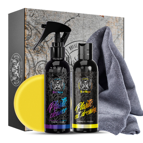 Coffret cadeau miio MINI Plastic Cleaner Set avec flacon vaporisateur à étiquette colorée, chiffon en microfibre gris et applicateur en mousse jaune