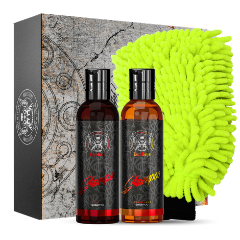 miio MINI Shampoo Set gift box featuring two dark glass shampoo bottles alongside a neon yellow-green chenille wash mitt