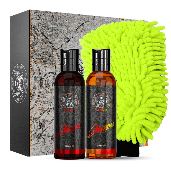 Coffret cadeau miio MINI Shampoo Set avec deux flacons de shampoing en verre sombre et gant de lavage chenille jaune-vert néon