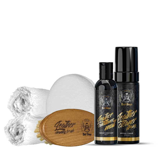 Leather Care Set – Kit completo: dois frascos pretos, escova redonda de cerdas de javali e pads aplicadores de microfibra branca | Cuidado do Couro | miio Store