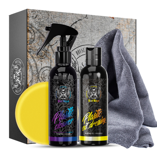 Caja de regalo miio MINI Plastic Cleaner Set con botella pulverizadora de etiqueta colorida, paño de microfibra gris y aplicador de espuma amarillo
