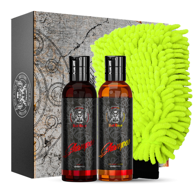 Caixa de oferta miio MINI Shampoo Set com dois frascos de champô em vidro escuro e luva de lavagem chenille amarelo-esverdeado neon